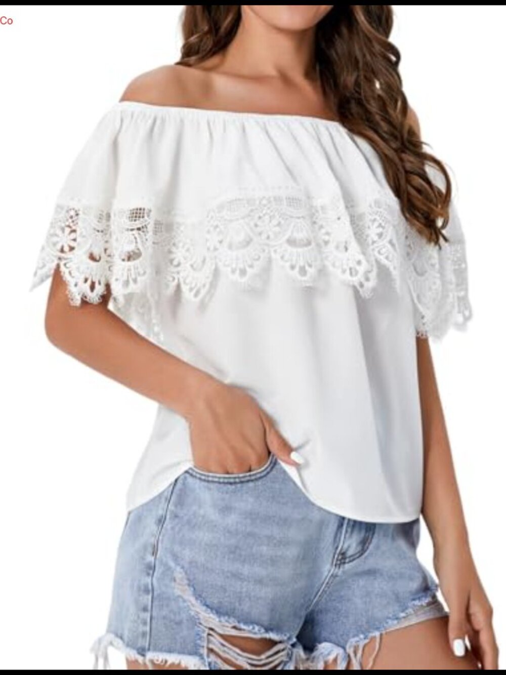 Off Shoulder Lace Ruffle Trim Short Sleeve Blouse Top